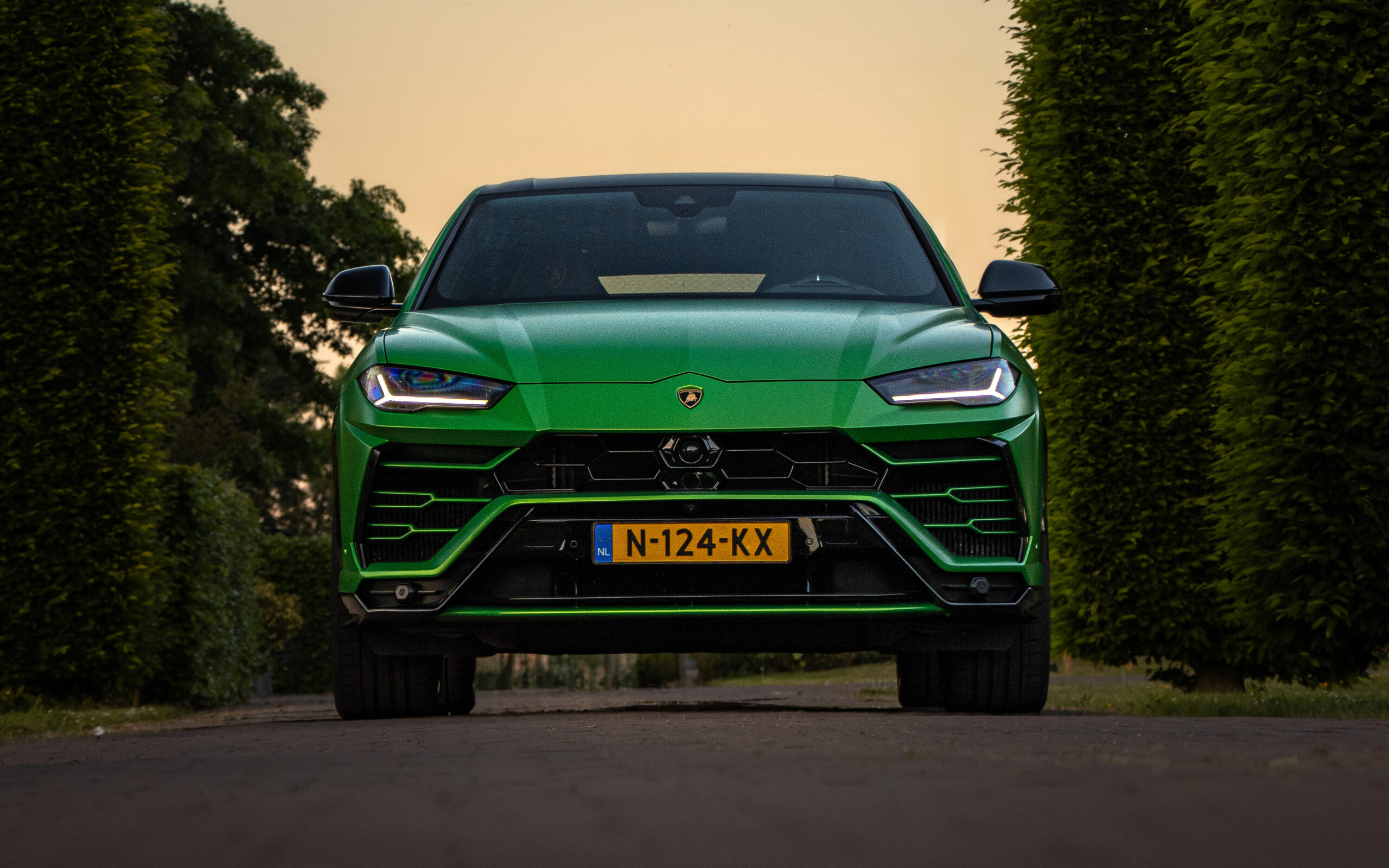 Groene Lamborghini van voren in de avond